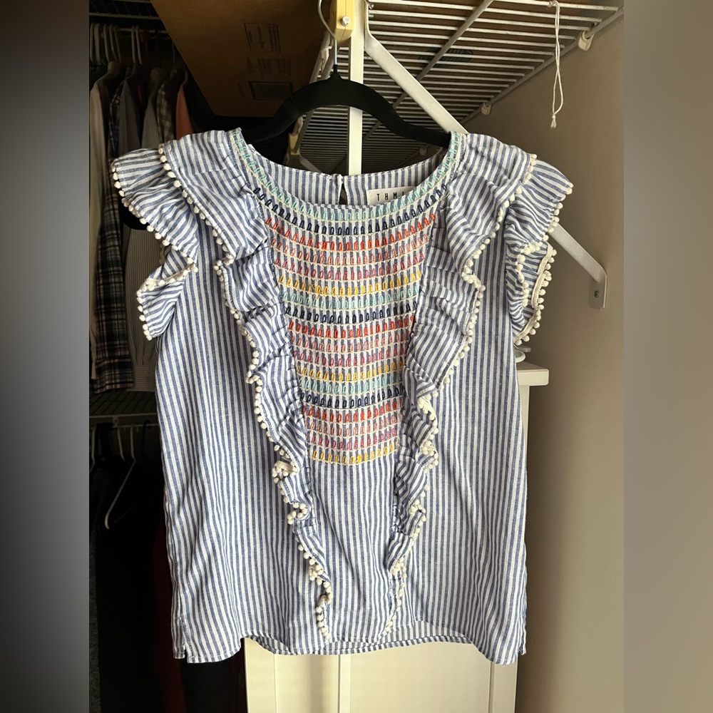 THML Blue and White Striped Ruffle Smocked Top
